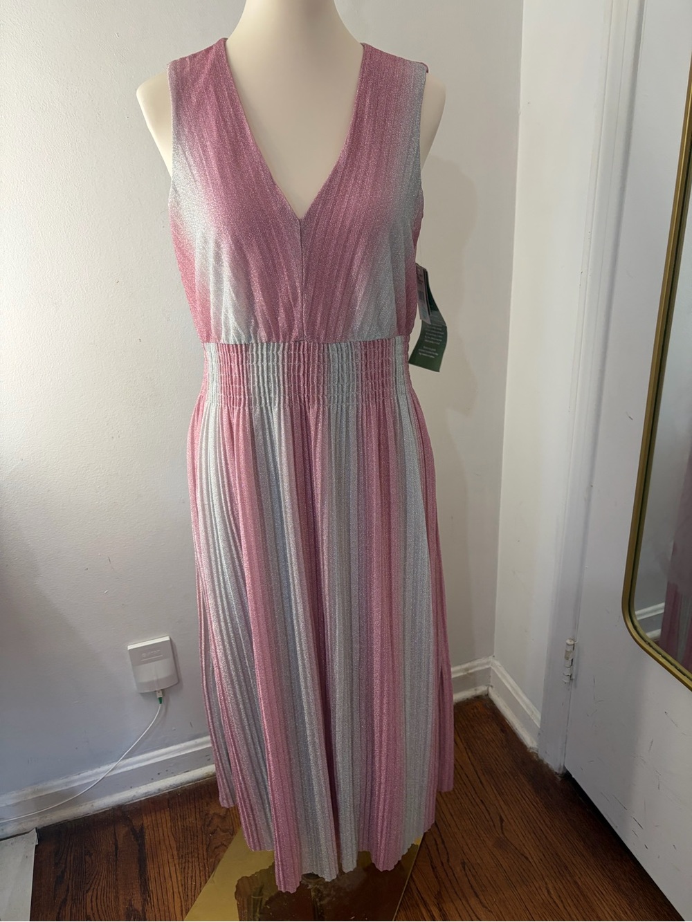 Danny & Nicole Pink and Silver Striped Metallic V‑Neck Wedding Guest Midi Dress